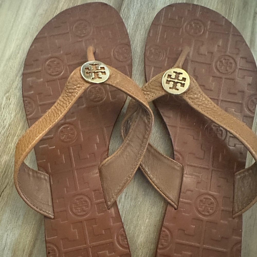 Tory Burch Brown Logo Flip Flops